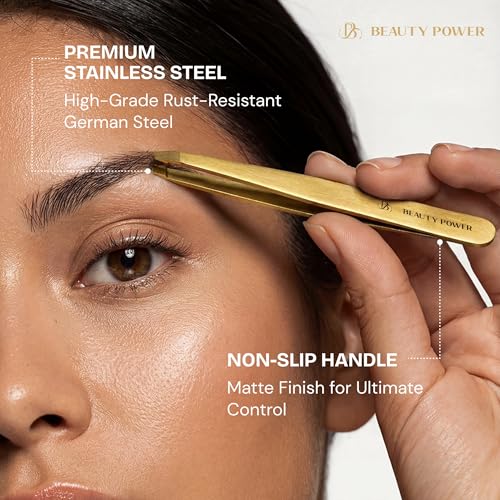 Professional Tweezers Set ? Slant & Point, Ultra Precision German Stainless Steel Tweezers for Eyebrows, Chin, Ingrown Hair & Facial Grooming ? Lightweight with Case - Gift Idea - Gold