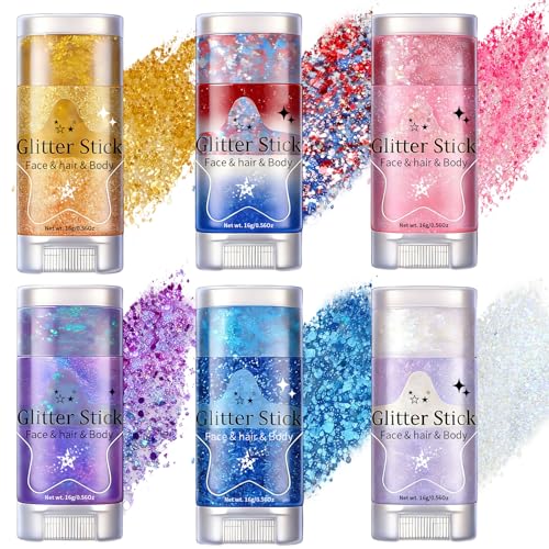 AROIC Body Glitter Stick - 6 Pack Mardi Gras Face & Hair Glitter with Chunky Sequins, Waterproof Sparkling Face Paint with Fruit Scent for Women Singer Festival Makeup Concert Party Rave Accessories
