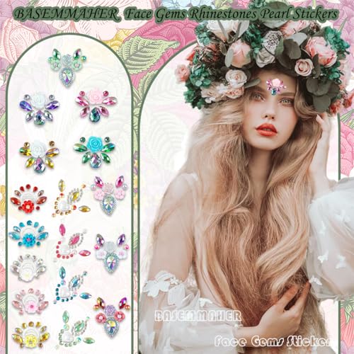 17Pcs Face Eyes Gems Tattoo Stickers 3D Flowers Rhinestone Crystal Pearl Mermaid Diamond Forehead Sticker Glitter Self Adhesive Eyeliner Makeup Decals for Women Girls Rave Festival Party