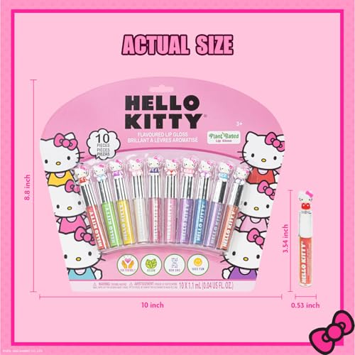 Hello Kitty 10 Piece Plant Based Lip Gloss, Girls Party Favors, First Makeup Set for Girl, Perfect for Parties, Sleepovers, and Birthday Gifts, Ages 3+, by Townley Girl