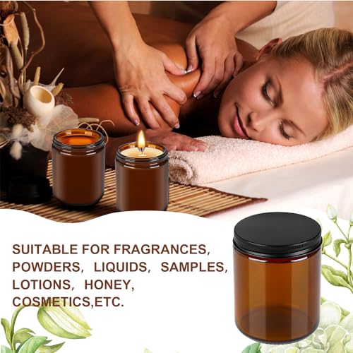 Goiio 12 Pack Amber Glass Jars, 8 Oz Thick Amber Round Glass Jars, with Black Metal Lids, for Spice, Liquid, Sample, Leakproof and Dishwasher Safe