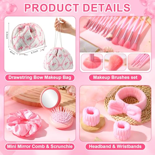 14 Pack Gifts Trendy Stuff for Teenager Girls Aged 13+, Pink Birthday Gifts Basket for Her Hair Bows Drawstring Makeup Bag Makeup Brush Set Coquette Bow Cups for Young Women Friend