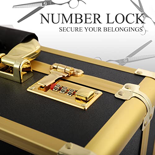 Barber Case Clipper Bag Gold, Hair Kit Tool Box Aluminum Organizer with Portable Handle and Secure Numlock for Scissors, Clippers, Barber Supplies 15.7" x 12" x 6.1"