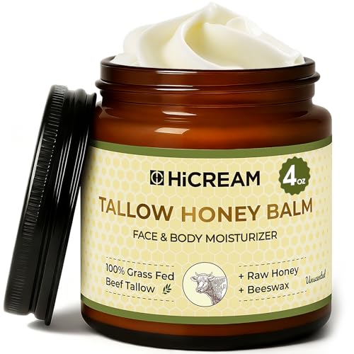 Beef Tallow for Skin, Beef Tallow and Honey Balm, 100% Organic Grass-Fed Beef Tallow, Face & Body Moisturizer for Dry, Cracked, Sensitive Skin - Handmade - Natural Formula (4 Oz, Unscented)