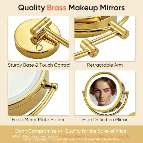 GURUN 8.5" Plug-in Magnifying Makeup Mirror with 3 Tones Dimmable LED Lights Double Sided Touch Control Wall Mounted Vanity Mirror for Bathroom with 10X Magnification M1809DGJ-T (Brushed Gold)