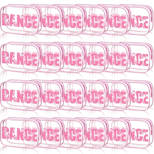 Kacctyen 24 Pcs Dance Makeup Bag Pink Team Gifts Bulk for Ballerina Lover 7 x 4.7 x 2.4 Dance Cosmetic Bag Snack PVC Case Clear Toiletry Zipper Pouch for Women Valentines Cheer Cheerleader Gift