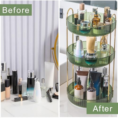360¡Æ Rotating Makeup Organizer, Bathroom Make Up Spinning Holder Rack, Large Capacity Cosmetics Storage Vanity Shelf Countertop, Fits Cosmetics, Perfume, Skincare(3 Tiers, Green)