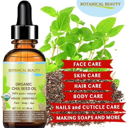 Botanical Beauty Organic CHIA SEED OIL 100% Pure Natural Virgin Unrefined Cold-Pressed Carrier Oil 0.5 Fl Oz 15 ml for Face, Skin, Body, Hair, Lip, Nails. Rich in Vitamin E