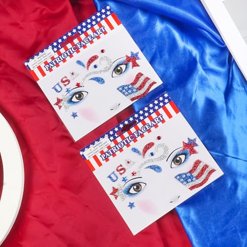 4th of July Face Gems, Fourth of July Celebration Face Jewels, Patriotic Tattoo with USA Flag Stars Designs, Sparkle Glitter Red Blue Silver for Independence Day, Parades, Parties 2 Sheets (style1)