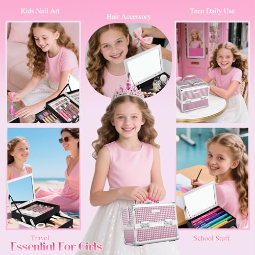 Joligrace Makeup Case Portable Makeup Box Travel Train Case Cosmetic Case Organizer with 2 trays Mirror Locking Make Up Storage Vanity Craft Nail Case Traveling Cosmetic Box for Girls Pink