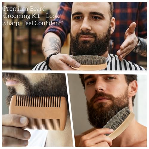 Beard Brush and Comb Set for Men Boar Bristle Beard Brush, Wooden Comb & Travel Pouch White Elephant Gifts, Christmas Stocking Stuffers for Husband Dad Boyfriend Portable Beard Grooming Kit