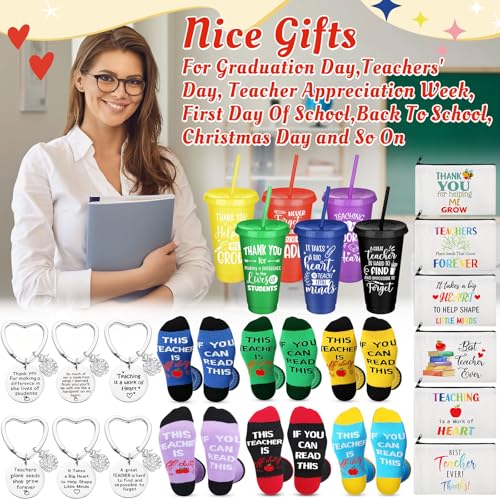 24 Pcs Teacher Appreciation Gift from Students 2026 End of Year Thank You Gifts Bulk 24 oz Plastic Tumbler Cup Makeup Cosmetic Bag Crew Sock Keychain for Retirement