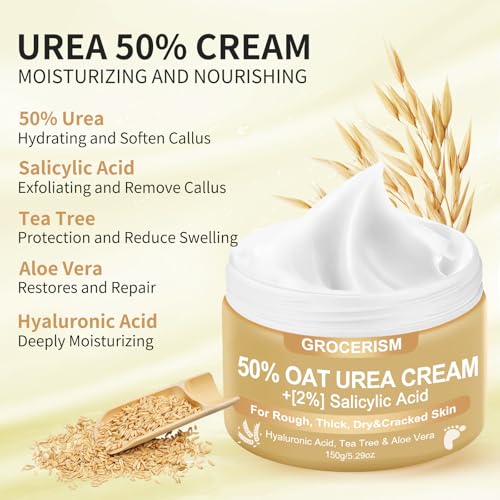 Grocerism Urea Cream 50 Percent for Feet 5.29 oz with Oat and 2% Salicylic Acid, Foot & Hand Cream included Hyaluronic Acid, Tea Tree and Aloe Vera for Deep Moisturizing, Callus Removing 2 Packs