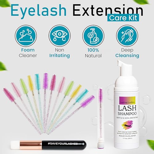 Eyelash Extension Shampoo | Eyelash Extension Cleanser with Brush and 12 Spoolies | Safe and Gentle Wash for Extensions and Natural Lashes | 1.7 fl oz 50ml Lash Shampoo