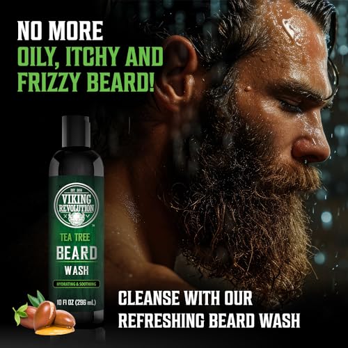 Viking Revolution Tea Tree Oil Beard Wash and Beard Conditioner For Men - Natural Beard Softener Set with Argan Oil, Vitamin E and Ginseng - Tea Tree Beard Shampoo and Conditioner Set (10 Oz)