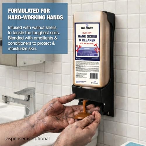 DU-MOST Industrial Hand Cleaner with Walnut Shell Scrub, Bundle with Wall-Mount Push Dispenser, Highly Concentrated Hand Soap for Mechanics, Workshops, Grease, Oil, Ink and Paint Removal, 3.55L Refill