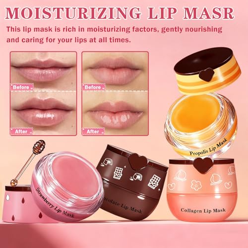 AWCCXMYM 4 PCS Bee Lip Balm Honey Pot Hydrating & Preventing Dry Honey Balm Lip Balm Honey, Strawberry, Collagen, Chocolate Moisturizing Lip Sleeping Mask with Sticks