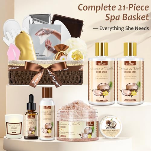 Bath and Body Gift Basket Set for Women - Coconut Vanilla Spa Gift Basket - Premium 21?Piece Luxury Bath & Body Gift Set for Self Care - Gift ready for Valentines Birthday Gifts