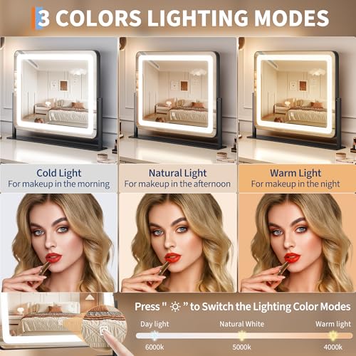 19.6 in x15.7 in Vanity Mirror with Lights, Large Lighted Mirror, LED Makeup Mirror with 3-Color Dimmable Modes and Smart Touch Control, Perfect for Desk or Bedroom, Vanity Desk Tabletop Makeup, White