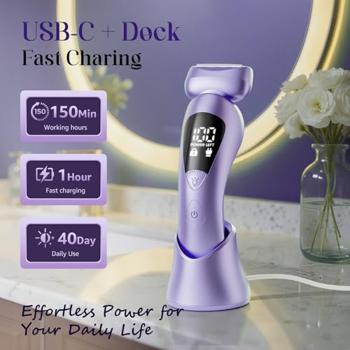 Cordless Electric Razors for Women: Rechargeable Painless Bikini Trimmer for Body Hair - IPX7 Waterproof Shaver with LED Display for Face/Underarm/Leg Deep Purple