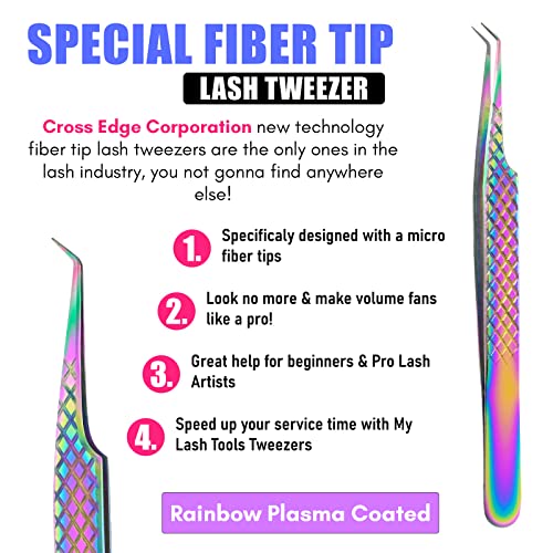 My Lash Tools Fiber Tip Lash Tweezers for Eyelash Extension Curved 45 Degree Angled Tweezer Best for Volume, Individual Isolation & Classic Lashes Stainless Steel Lash Supplies (Rainbow)