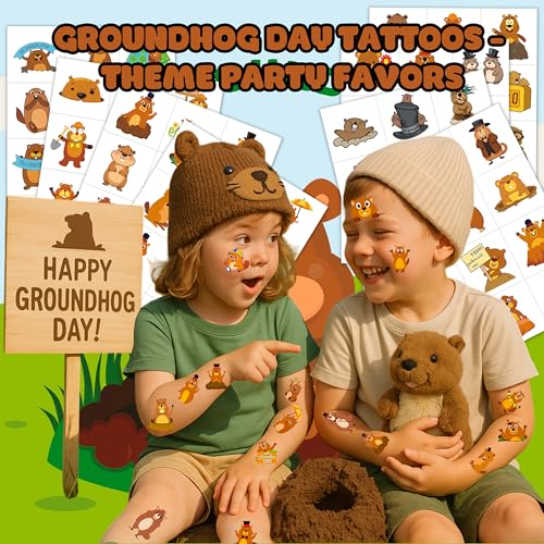 96PCS Happy Groundhog Day Temporary Tattoos Themed Birthday Party Decorations Favors Supplies Decor Cute Spring Festival Animals Tattoo Stickers Gifts For Kids Adults Boys Girls School Prizes Holidays