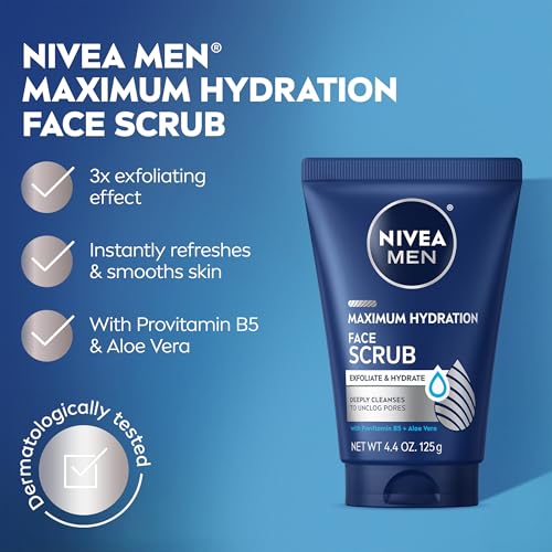 NIVEA MEN Maximum Hydration Face Scrub with Provitamin B5 and Aloe Vera, Exfoliating Face Wash Deeply Cleanses to Unclog Pores, 4.4 Oz Tube, Pack of 3