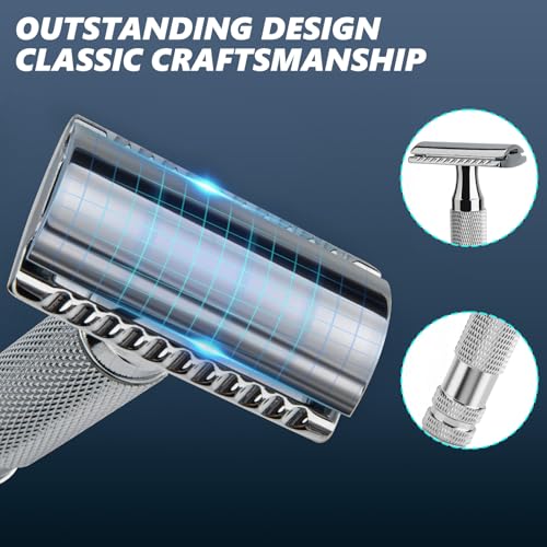 Classic Double Edge Safety Shaving Razor, Pure Copper Handle,1 Razor + 10 pcs Super Stainless Steel Blades