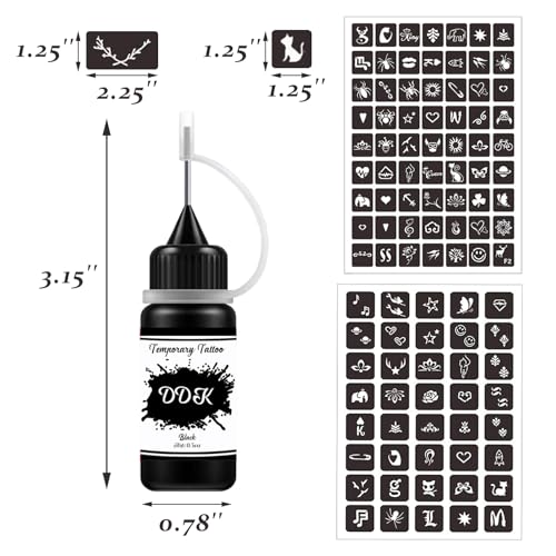 Temporary Tattoo Kit with 6 Bottles Semi Permanent Ink DIY Fake Freckles and 64 Patterns Adhensive Stencils for Women Men, Black/Red