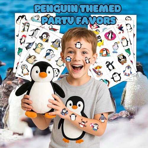 96 PCS Funny Summer Penguin Pre-cut Temporary Tattoos Sticker Animal Polar Birthday Party Decorations Supplies Favors Gifts Girls Boys Prizes Cute Tattoo School Reward Themed Christmas Winter
