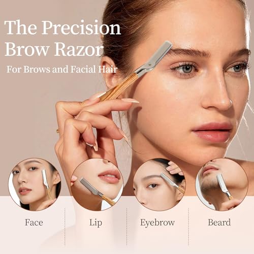 Wooden Eyebrow Razor - 8 Replacement Blades & Leather Pouch - Precision Eyebrow Trimmer & Dermaplaning Tool for Face Peach Fuzz, Lip Hair - Safety Mesh Guard