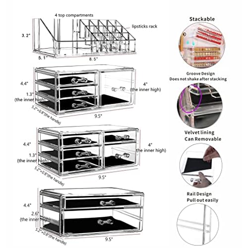 Cq acrylic Makeup Organizer Skin Care Large Clear Cosmetic Display Cases Stackable Storage Box With 11 Drawers For Vanity,Set of 4