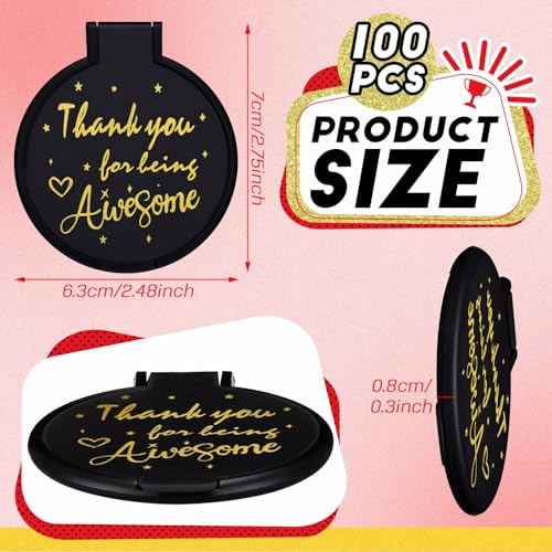 Huwena 100 Pcs Compact Mirror Bulk Inspirational Pocket Small Round Portable Folding Makeup Purse Mirror Employee Appreciation Gifts for Christmas Women Girls Coworkers Travel(Black,Thank)