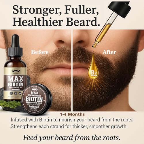 4X Concentration Biotin Beard Kit for Men ? Unscented Oil & Sandalwood Balm Set (2 Pack) ? Moisturizes, Softens & Promotes Growth ? Premium Beard Grooming Gift for Father¡¯s Day or Him