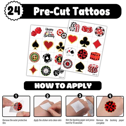 48PCS Casino Party Favors - 24PCS Temporary Pre - cut Tattoos & 24PCS Slap Bracelets - Fun Vegas-Themed Birthday Supplies, Baby Shower Gifts, Classroom Rewards & Party Decor for Kids (Boys & Girls)
