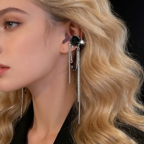 Punk Black Rose Flower Earring Long Rhinestone Chain Drop Earrings Silver Cz Tassel Ear Cuff Jewelry for Women