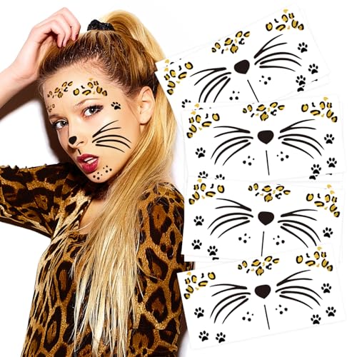 Leopard Face Temporary Tattoos, 7-Sheet Leopard Face Halloween Fake Tattoos for Kids and Adults - Perfect for Parties, Festivals, and Costumes