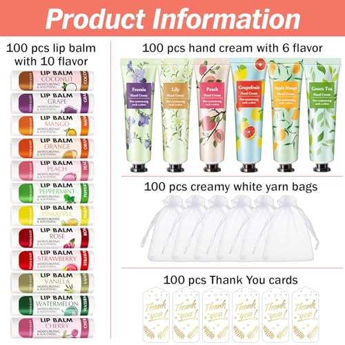AZEN 100 Sets Bulk Gifts, Hand Cream and Lip Balm Bulk Set with Organza Bag Thank You Card, Baby Shower Wedding Gifts for Guests, Bridal Wedding Favors, Valentines Gift for Women