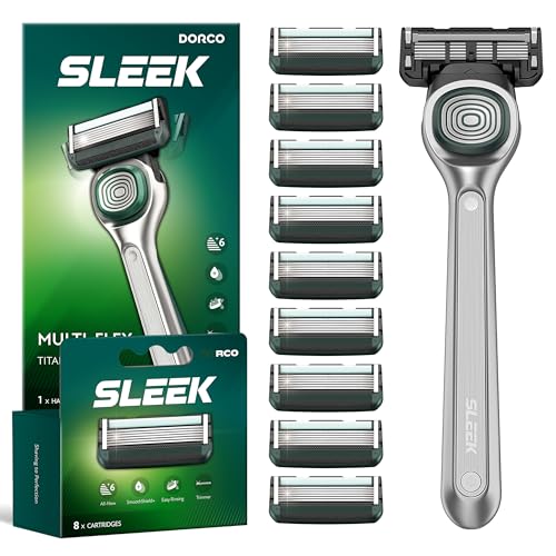 DORCO SLEEK 6 Blade Razor for Men with 10 Cartridges | Men's Cartridge Razors with Razor Handle and Smooth Shaving Blades | Men¡¯s Razors with Multi-Flex Technology