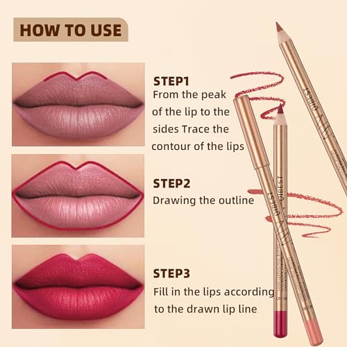 12 Colors Lip Liner Set, Brown Pink Red Series Lip Liners, Plump Nude Lip Shape No Smudge Longwear Smooth Lip Pen Waterproof Lipstick High Pigmented Natural Lip Makeup Pencil