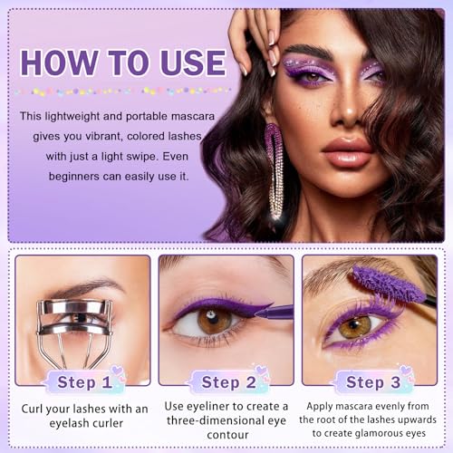 Purple Mascara and Eyeliner Set 5D Coloured Mascara for Eyelashed, Volumizing Curling Defining Eye Lashes, Long-Lasting Waterproof Purple Makeup