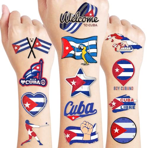 96 PCS Cuban Flag Pre-Cut Temporary Tattoos Cuba Birthday Party Decorations Favors Supplies Decor Havana Nights National Country World Pennant Flags Stickers For Boys Girls Gift School Prizes Rewards