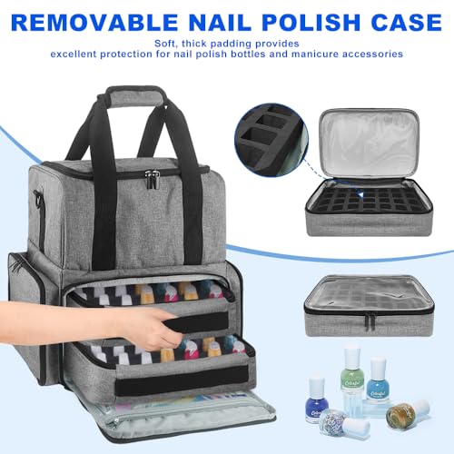 Nail Polish Organizer Case, Nail Kit Bag, Holds 70 Bottles, 2 Removable Pouches and Tool Storage, Nail Polish Carrying Case Gift for Manicurists, Grey