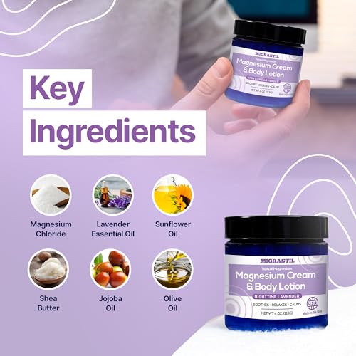 MIGRASTIL Nighttime Lavender Magnesium Cream & Non-Greasy Body Lotion. Extra Strength 250mg Magnesium Chloride for Muscle Relief, Leg Cramps, Relaxation and Sweet Sleep. Vegan, Made in the USA.