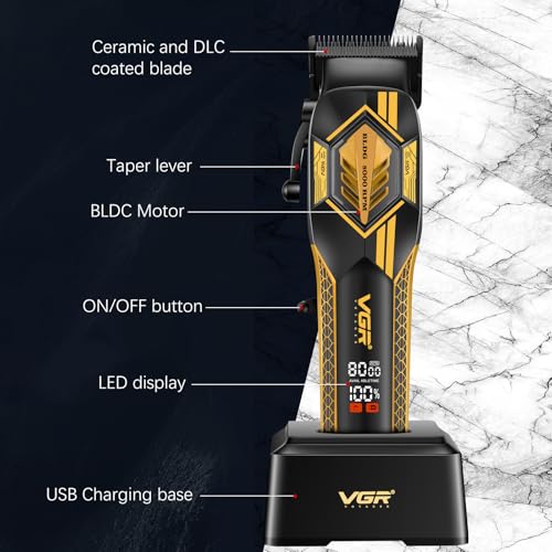 VGR 119 Professional Cordless Hair Clippers for Men, Rechargeable Barber Clippers with Base, Lithium-ion Battery Hair Cutting Machine with BLDC Motor and Ceramic Blades for Home and Barber, Gold