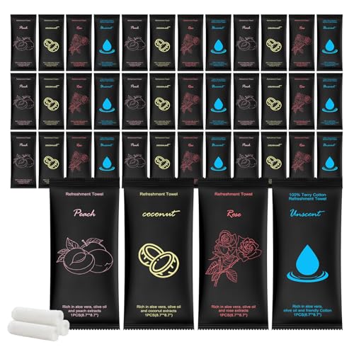 Moist Cotton Towel Bulk Moist Towelettes Individually Wrapped 8.7"x 8.7",White Towel Services,Refreshment Pre Moistened Towels Peach,Rose,Coconut and Unscented for Sport Party Spa(Pack of 20£©