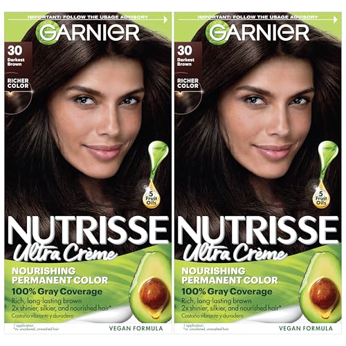 Garnier Nutrisse Ultra Cr?me Hair Color, Permanent Hair Dye with 100% Gray Coverage, Vegan & Cruelty-Free, 30 Darkest Brown (Sweet Cola), 2 Count
