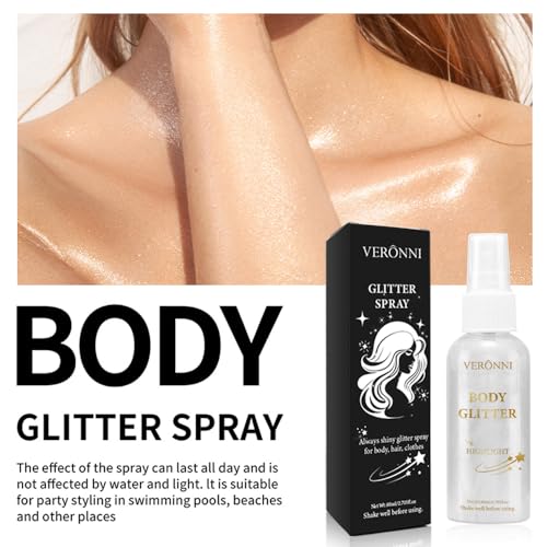Body Glitter Spray for Face Hair Body, Silver White Body Shimmer Spray Sparkle Powder, Long Lasting and Quick-Drying Highlight Glitter for Stage, Festival, Party and Makeup