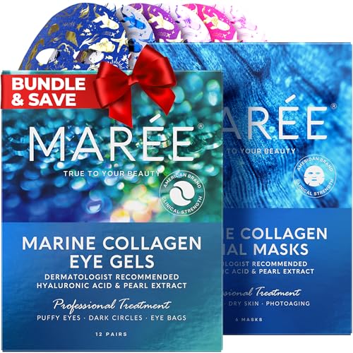 MAREE Eye Gels & Facial Masks Bundle - Under Eye Gels for Puffy Eyes and Dark Circles, Sheet Moisturizing Masks - Marine Collagen & Hyaluronic Acid, Green & Red Algae Extract - for All Skin Types