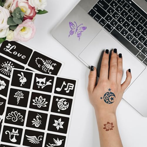 20 Sheets Temporary Tattoo Stencils for Women Girls and Kids, 727 PCS Henna Tattoo Stencil Kit,Temporary Indian Arabian Glitter Airbrush Tattoo Stencils for Face Body Paint DIY